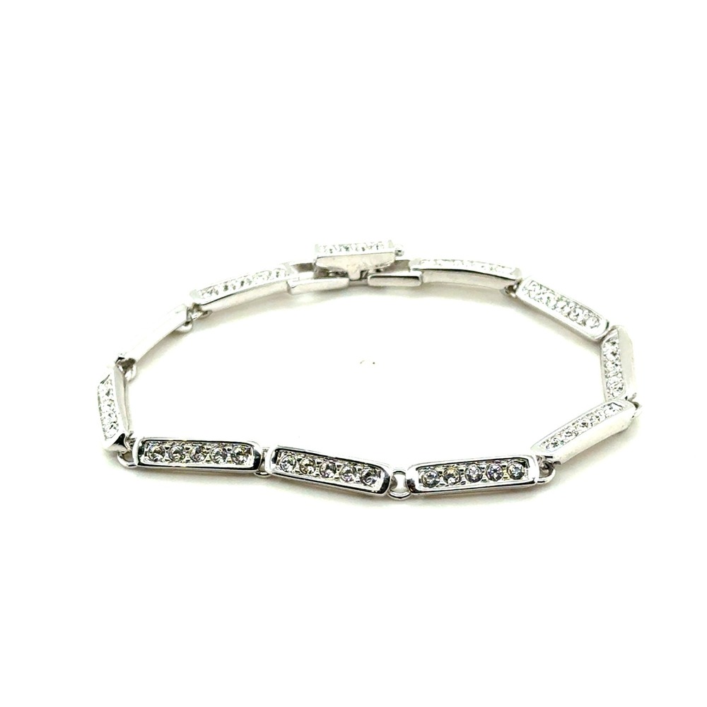 Swarovski Silver Tone Crystal Pave Rectangular Bar Link Bracelet 7 Inch